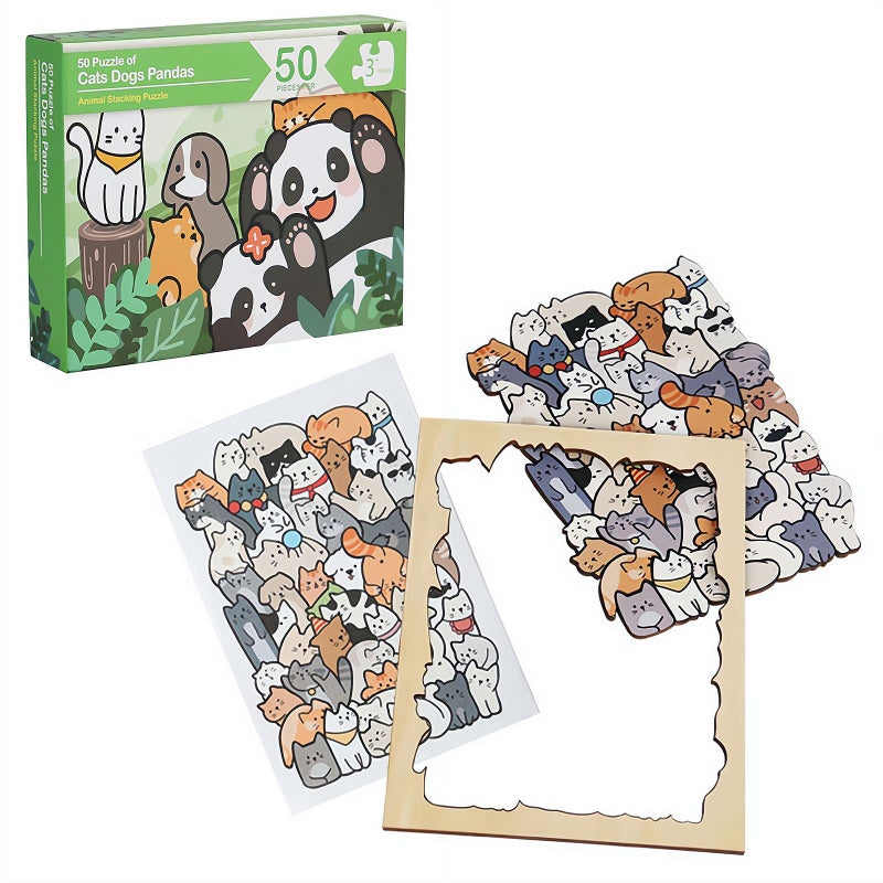 Animal Wooden Jigsaw Puzzles50 Pieces Pet Unique Shape Dogs Puzzle Educational Toys, Unique Gifts for Friends and Family, Bunny Lover Gifts for Home Decor (Cat) - Image 1